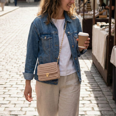 Handmade Beige Crochet Crossbody Bag with Gold Heart Clasp
