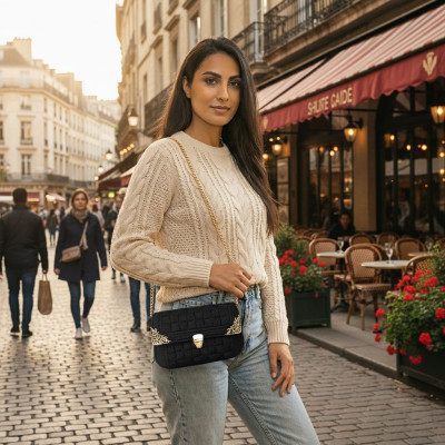 Handmade Black Crochet Crossbody Bag with Gold Filigree Accents - Luxury Woven Shoulder Bag