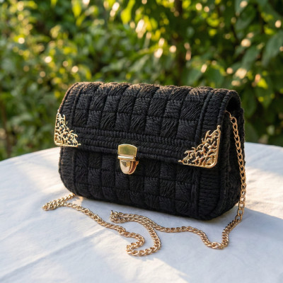 Handmade Black Crochet Crossbody Bag with Gold Filigree Accents - Luxury Woven Shoulder Bag