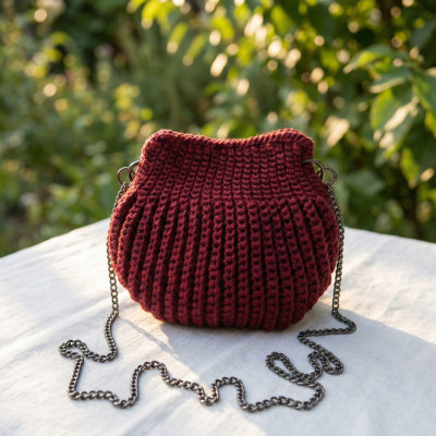 Handmade Burgundy Cotton Yarn Crochet Bag - Elegant Shoulder Purse with Gold Chain