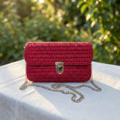 Handmade Red Cotton Yarn Crochet Bag – Elegant Shoulder Purse with Gold Chain