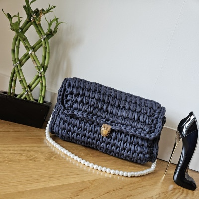 Handmade Navy Blue Crochet Shoulder Bag with Pearl Strap - Luxury Marshmallow Stitch Handbag Handmade Navy Blue Crochet Shoulder Bag with Pearl Strap - Luxury Marshmallow Stitch Handbag