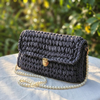 Handmade Navy Blue Crochet Shoulder Bag with Pearl Strap - Luxury Marshmallow Stitch Handbag