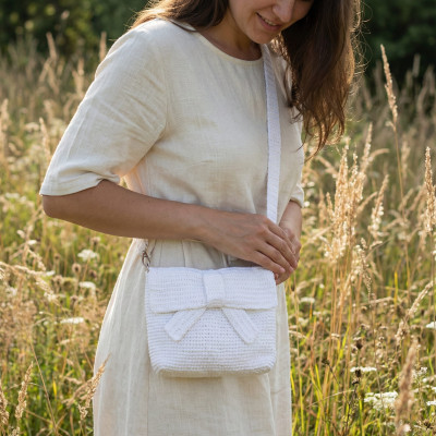 Handmade White Crochet Messenger Bag with Bow - Woven Bow Messenger Bag Handmade White Crochet Messenger Bag with Bow - Woven Bow Messenger Bag