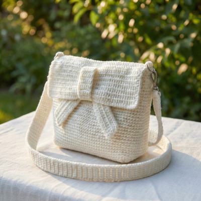 Handmade White Crochet Messenger Bag with Bow - Woven Bow Messenger Bag