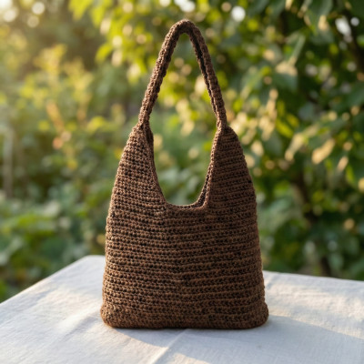 Handmade Brown Crochet Shoulder Bag - Minimalist Woven Hobo Tote Bag