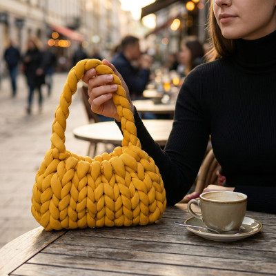 Handmade Mustard Yellow Chunky Yarn Handbag - Chunky Braided Texture Shoulder Bag - Vibrant Yellow Woven Tote