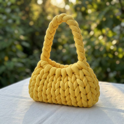 Handmade Mustard Yellow Chunky Yarn Handbag - Chunky Braided Texture Shoulder Bag - Vibrant Yellow Woven Tote