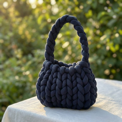Handmade Navy Blue Chunky Knit Bag, Tube Yarn Shoulder Purse, Gift for Her