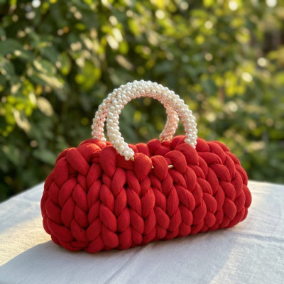 Handmade Red Crochet Bag with Pearl Handle - 3D Textured Luxury Handbag
