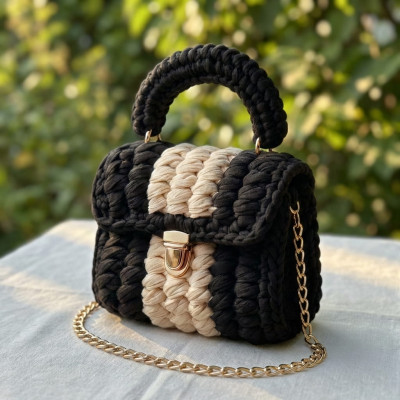 Handmade Black-Beige Crochet T-Shirt Yarn Bag, Striped Crossbody Yarn Purse with Gold Hardware