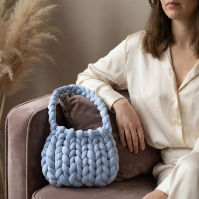 Handmade Chunky Knit Handbag, Light Blue Marshmallow Tube Yarn Purse