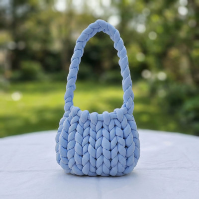 Handmade Chunky Knit Handbag, Light Blue Marshmallow Tube Yarn Purse