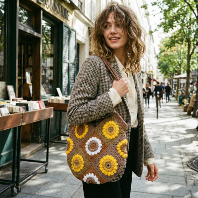 Handmade Sunflower Crochet Tote Bag - Boho Daisy Shoulder Bag for Summer Handmade Sunflower Crochet Tote Bag - Boho Daisy Shoulder Bag for Summer