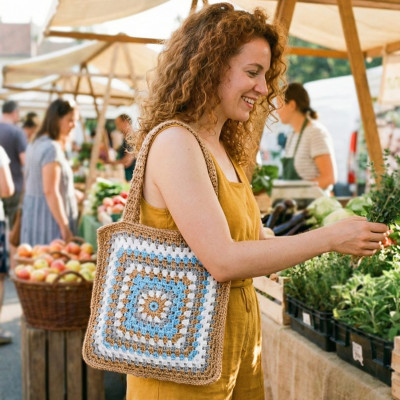 Handmade Crochet Granny Square Bag, Boho Tote Bag, Floral Retro Shoulder Bag Handmade Crochet Granny Square Bag, Boho Tote Bag, Floral Retro Shoulder Bag