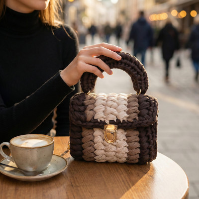 Handmade Chocolate & Cream T-Shirt Yarn Crochet Crossbody Handbag - Luxury Woven Top Handle Bag with Gold Hardware