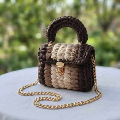 Handmade Chocolate & Cream T-Shirt Yarn Crochet Crossbody Handbag - Luxury Woven Top Handle Bag with Gold Hardware