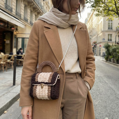Handmade Tri-Color Crochet T-Shirt Yarn Stitch Handbag, Neutral Coffee Toned Crossbody Purse Handmade Tri-Color Crochet T-Shirt Yarn Stitch Handbag, Neutral Coffee Toned Crossbody Purse