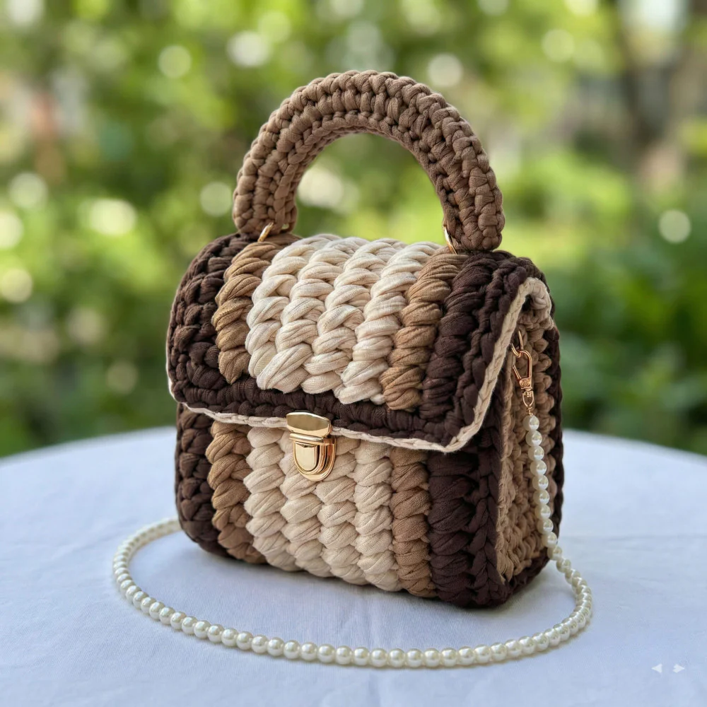 Handmade Tri-Color Crochet T-Shirt Yarn Bag, Luxury Marshmallow