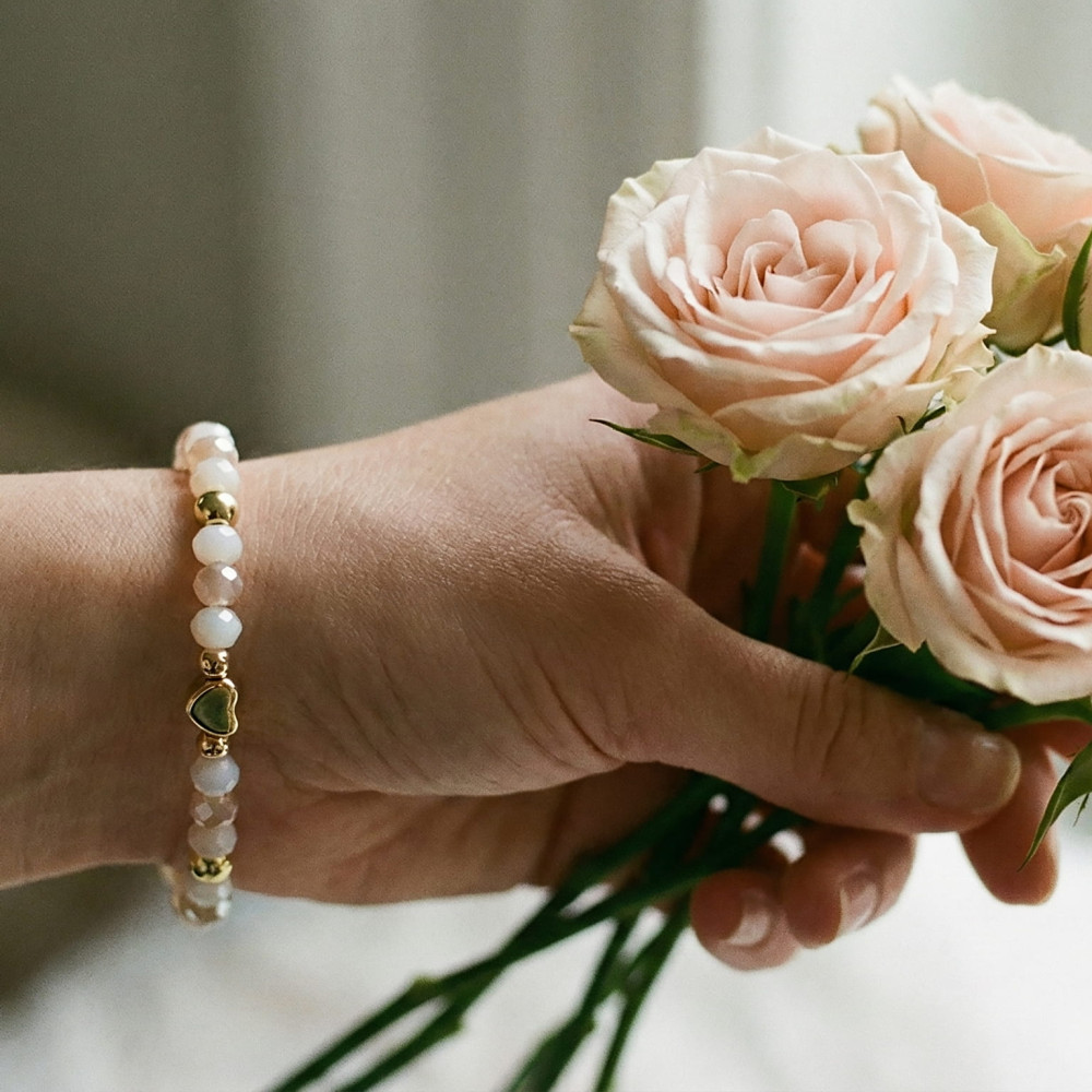 Blush Pink & Gold Heart Beaded Handmade Bracelet | Romantic Gift for Her