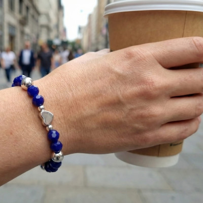 Royal Blue & Silver Heart Beaded Bracelet | Elegant Crystal Jewellery