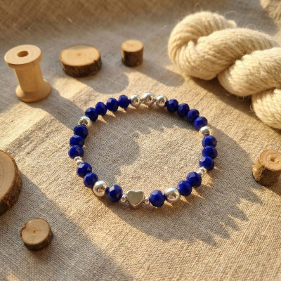 Royal Blue & Silver Heart Beaded Bracelet | Elegant Crystal Jewellery
