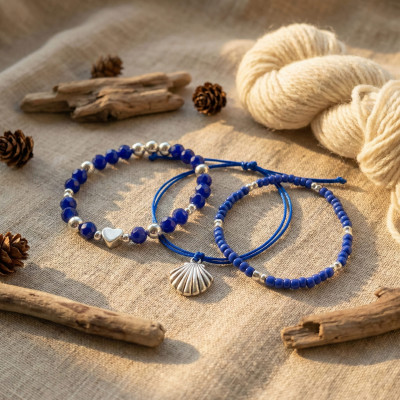 Royal Blue & Silver Stacking Set | Heart, Shell & Crystal Trio