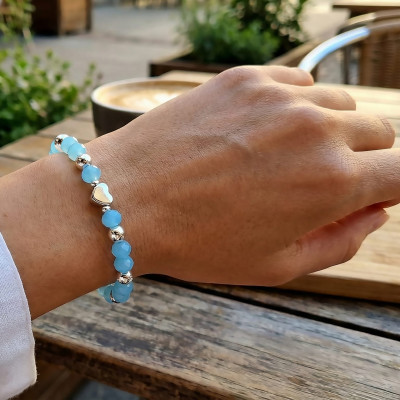 Sky Blue & Silver Heart Beaded Bracelet | Serene Crystal Jewellery