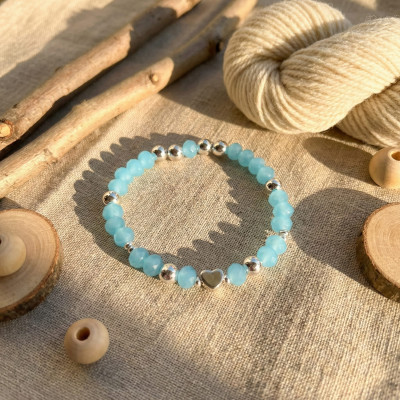 Sky Blue & Silver Heart Beaded Bracelet | Serene Crystal Jewellery