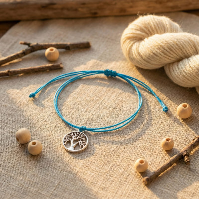 Silver Tree of Life Charm Sky Blue Cord Bracelet | Spiritual Jewellery