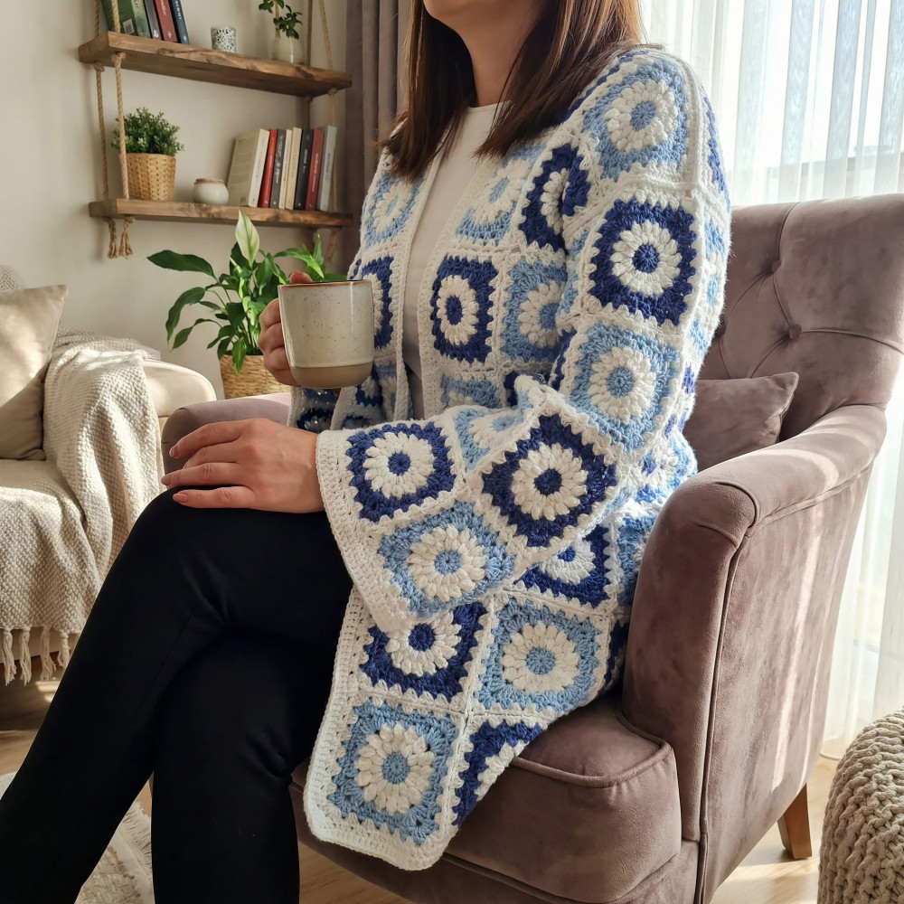 Handmade Daisy Granny Square Long Cardigan - Blue Boho Oversized Crochet Coat