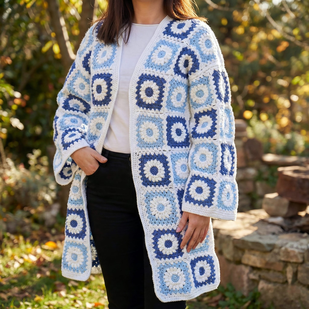 Handmade Daisy Granny Square Long Cardigan - Blue Boho Oversized Crochet Coat