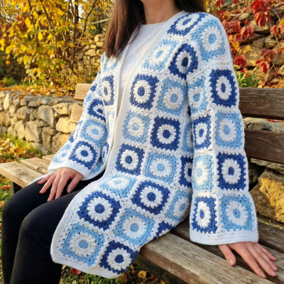 Handmade Daisy Granny Square Long Cardigan - Blue Boho Oversized Crochet Coat