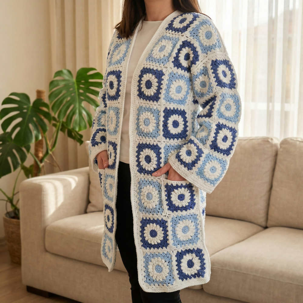 Handmade Daisy Granny Square Long Cardigan - Blue Boho Oversized Crochet Coat
