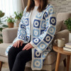 Handmade Daisy Granny Square Long Cardigan - Blue Boho Oversized Crochet Coat