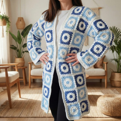 Handmade Daisy Granny Square Long Cardigan - Blue Boho Oversized Crochet Coat