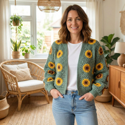 Handmade Granny Square Sunflower Short Cardigan Crochet in Sage Green