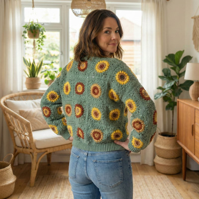 Handmade Granny Square Sunflower Short Cardigan Crochet in Sage Green